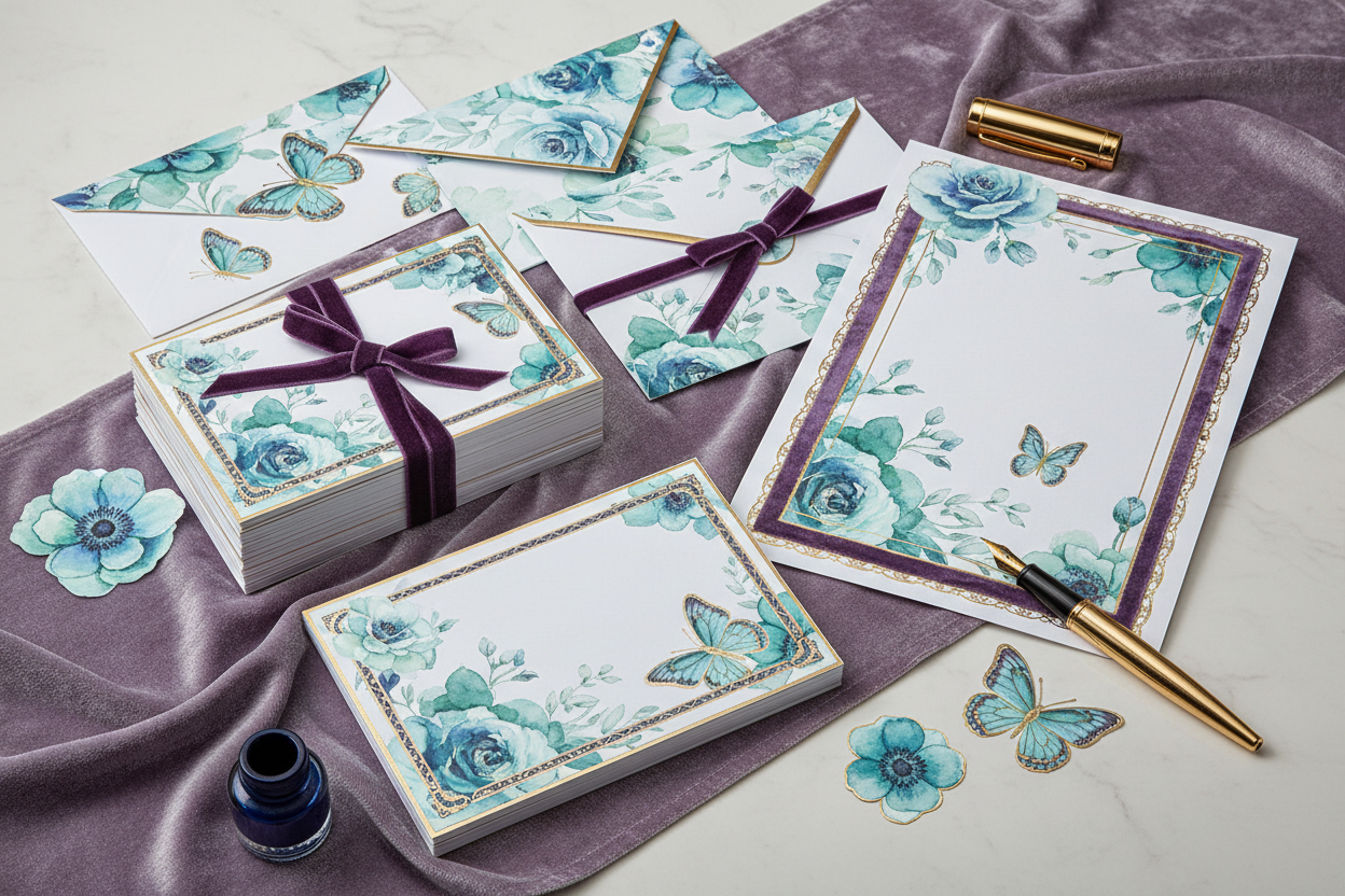 elegant stationery, with beautiful shades of blue and green, trims in gold and velvet purple, with flowers and butterflies.